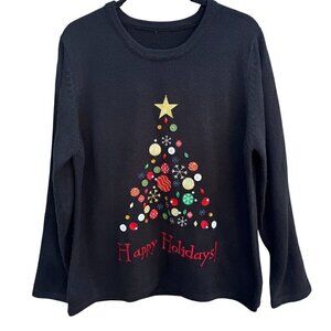 Vintage Black Long Sleeve Christmas Button Tree Design Happy Holidays Sweater